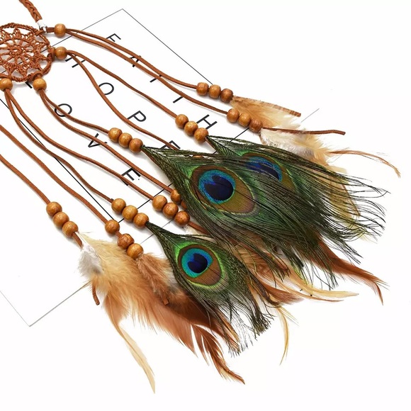 Boho Peacock/Brown Feather Dreamcatcher Headdress - Picture 3 of 14